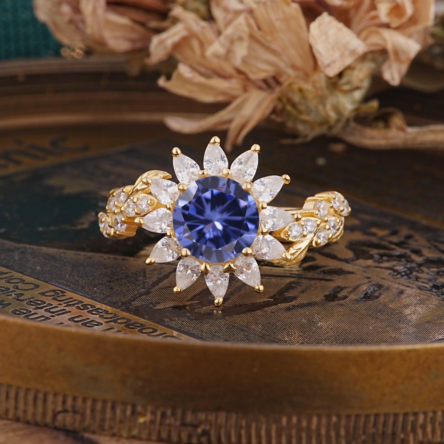 Nature-Inspired Sunflower 4-Prong Round Cut Tanzanite Engagement Ring - Romalar Jewelry