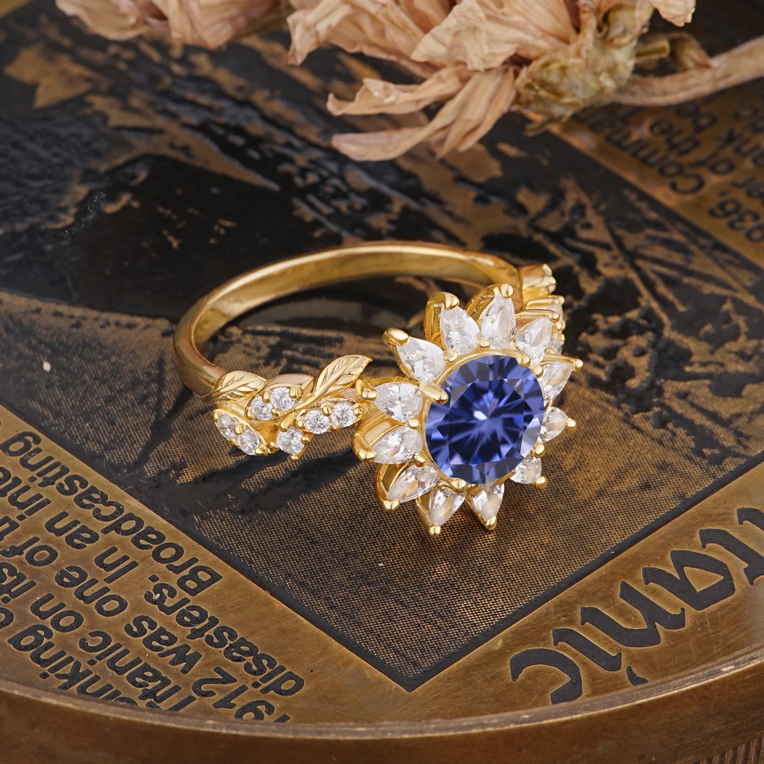 Nature-Inspired Sunflower 4-Prong Round Cut Tanzanite Engagement Ring - Romalar Jewelry