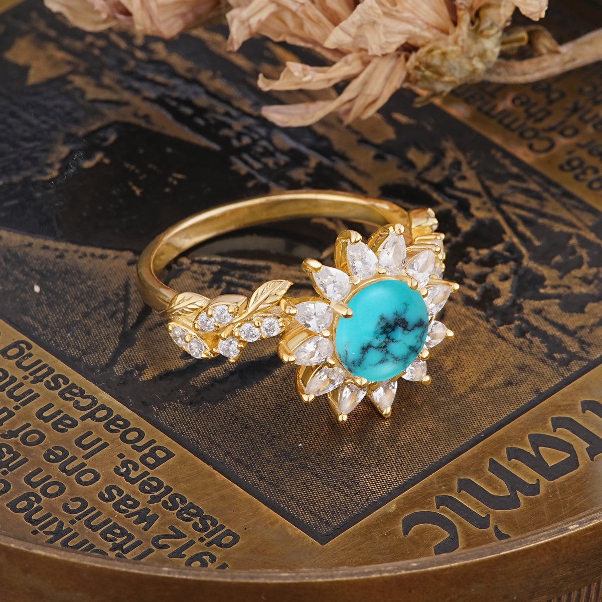 Nature-Inspired Sunflower 4-Prong Round Cut Turquoise Engagement Ring     - Additional view