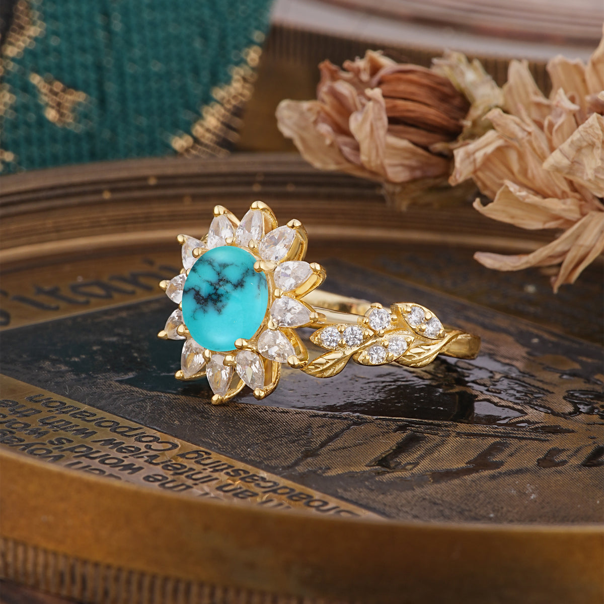 Nature-Inspired Sunflower 4-Prong Round Cut Turquoise Engagement Ring     - Additional view