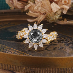 Nature-Inspired Sunflower 4-Prong Round Cut Black Rutilated Quartz Engagement Ring