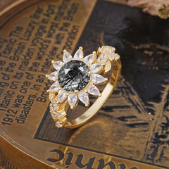 Nature-Inspired Sunflower 4-Prong Round Cut Black Rutilated Quartz Engagement Ring