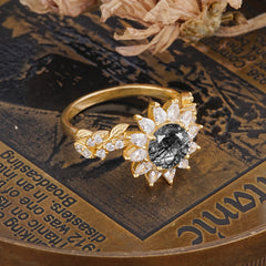 Nature-Inspired Sunflower 4-Prong Round Cut Black Rutilated Quartz Engagement Ring