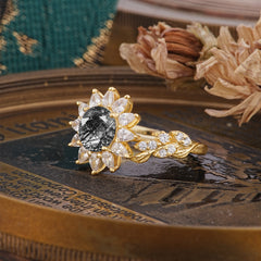 Nature-Inspired Sunflower 4-Prong Round Cut Black Rutilated Quartz Engagement Ring