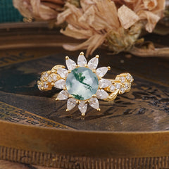Nature-Inspired Sunflower 4-Prong Round Cut Natural Moss Agate Engagement Ring