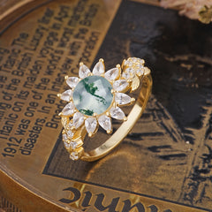 Nature-Inspired Sunflower 4-Prong Round Cut Natural Moss Agate Engagement Ring