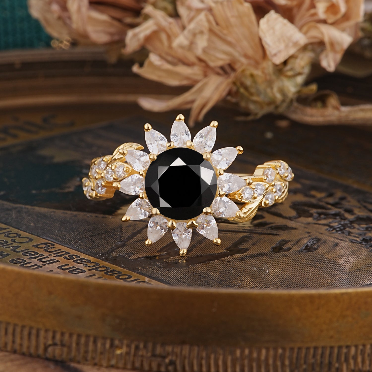 Nature-Inspired Sunflower 4-Prong Round Cut Black Onyx Engagement Ring - Romalar Jewelry