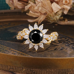 Nature-Inspired Sunflower 4-Prong Round Cut Black Onyx Engagement Ring