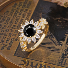 Nature-Inspired Sunflower 4-Prong Round Cut Black Onyx Engagement Ring