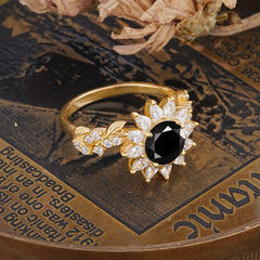 Nature-Inspired Sunflower 4-Prong Round Cut Black Onyx Engagement Ring