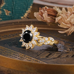 Nature-Inspired Sunflower 4-Prong Round Cut Black Onyx Engagement Ring