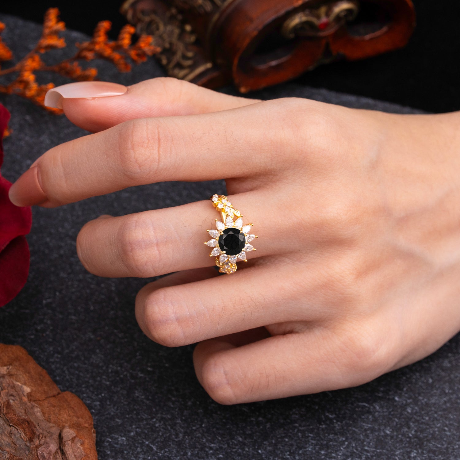 Nature-Inspired Sunflower 4-Prong Round Cut Black Onyx Engagement Ring - Romalar Jewelry