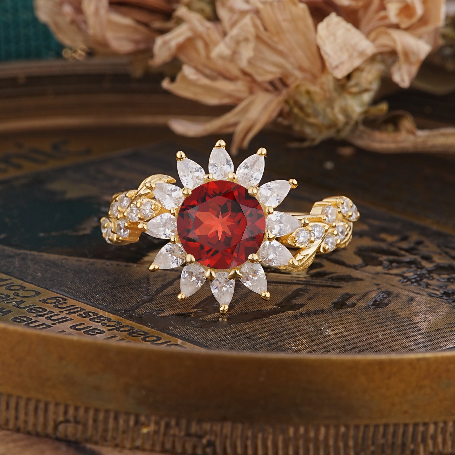 Nature-Inspired Sunflower 4-Prong Round Cut Garnet Engagement Ring - Romalar Jewelry