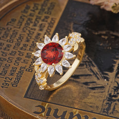 Nature-Inspired Sunflower 4-Prong Round Cut Garnet Engagement Ring