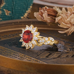 Nature-Inspired Sunflower 4-Prong Round Cut Garnet Engagement Ring