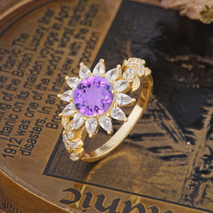 Nature-Inspired Sunflower 4-Prong Round Cut Amethyst Engagement Ring