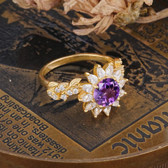 Nature-Inspired Sunflower 4-Prong Round Cut Amethyst Engagement Ring