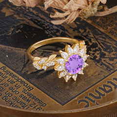 Nature-Inspired Sunflower 4-Prong Round Cut Amethyst Engagement Ring