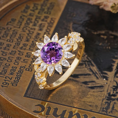 Nature-Inspired Sunflower 4-Prong Round Cut Amethyst Engagement Ring