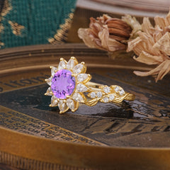 Nature-Inspired Sunflower 4-Prong Round Cut Amethyst Engagement Ring