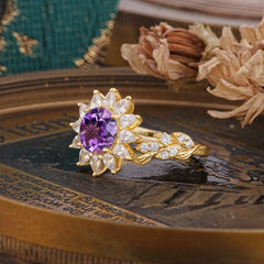 Nature-Inspired Sunflower 4-Prong Round Cut Amethyst Engagement Ring