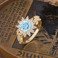 Nature-Inspired Sunflower 4-Prong Round Cut Aquamarine Engagement Ring