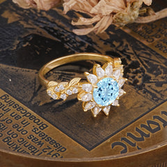 Nature-Inspired Sunflower 4-Prong Round Cut Aquamarine Engagement Ring