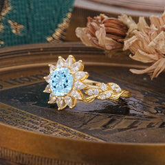 Nature-Inspired Sunflower 4-Prong Round Cut Aquamarine Engagement Ring