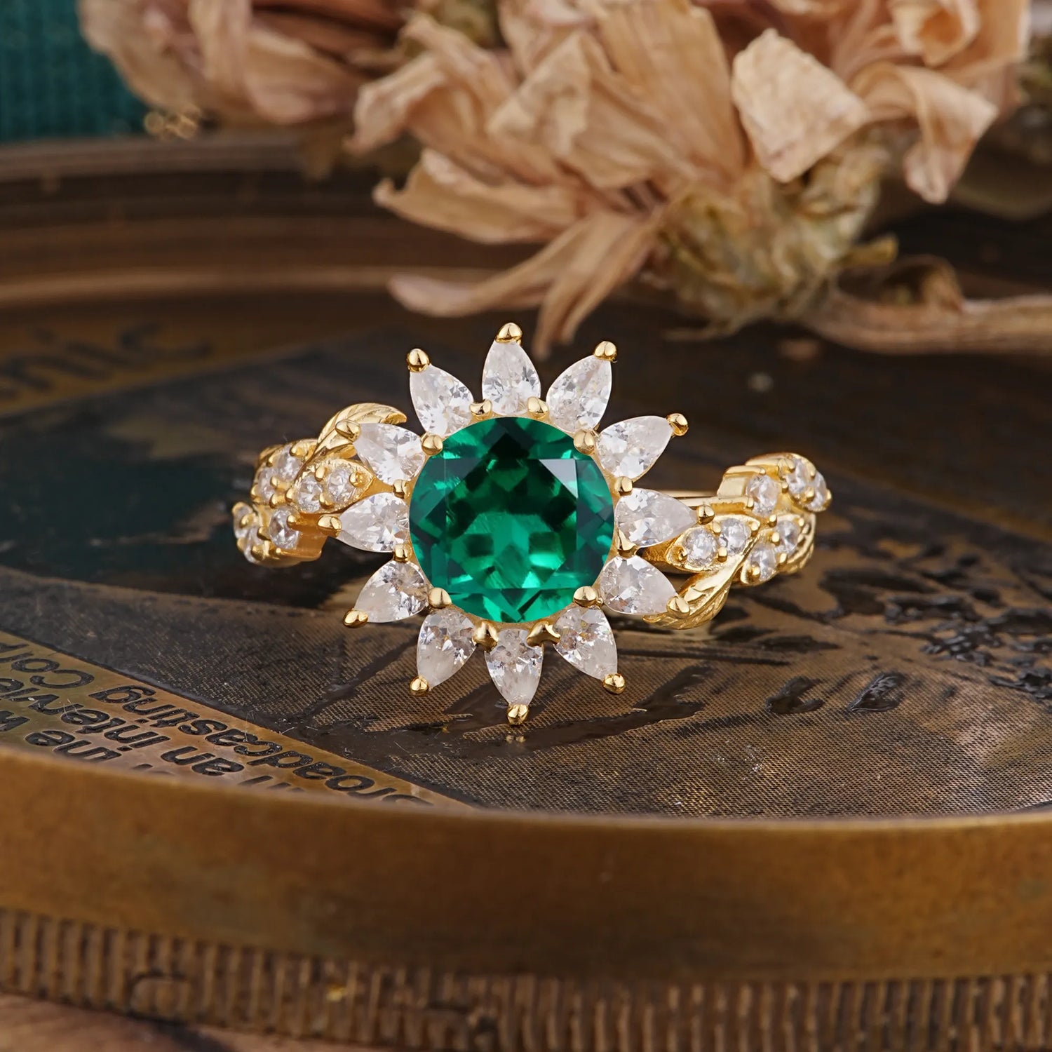 Nature-Inspired Sunflower 4-Prong Round Cut Emerald Engagement Ring