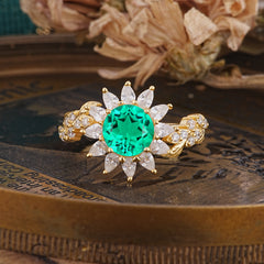 Nature-Inspired Sunflower 4-Prong Round Cut Emerald Engagement Ring