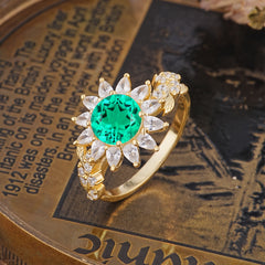 Nature-Inspired Sunflower 4-Prong Round Cut Emerald Engagement Ring