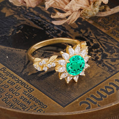 Nature-Inspired Sunflower 4-Prong Round Cut Emerald Engagement Ring