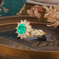 Nature-Inspired Sunflower 4-Prong Round Cut Emerald Engagement Ring