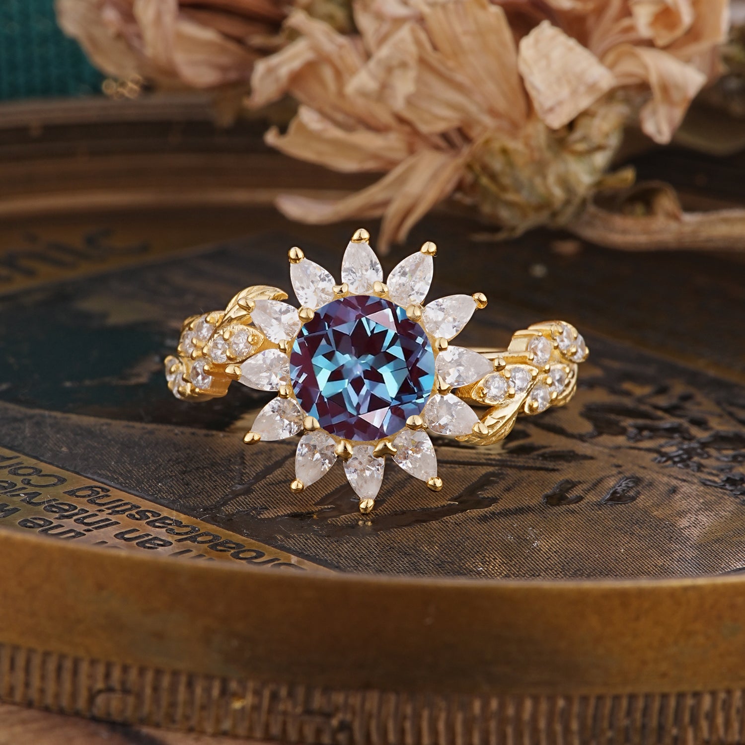 Nature-Inspired Sunflower 4-Prong Round Cut Alexandrite Engagement Ring