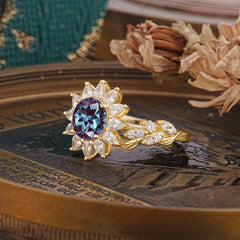 Nature-Inspired Sunflower 4-Prong Round Cut Alexandrite Engagement Ring