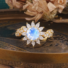 Nature-Inspired Sunflower 4-Prong Round Cut Moonstone Engagement Ring