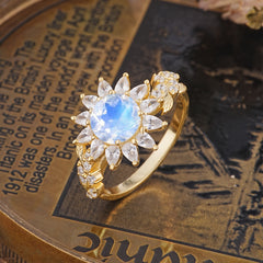 Nature-Inspired Sunflower 4-Prong Round Cut Moonstone Engagement Ring
