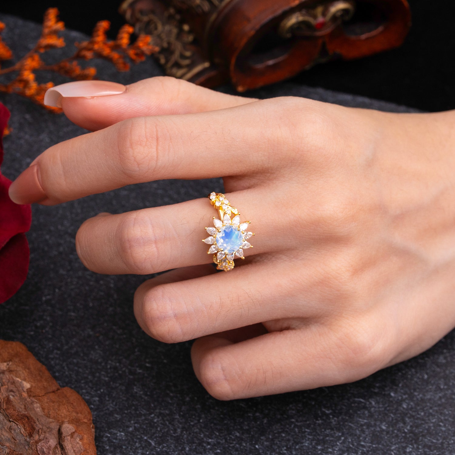 Nature-Inspired Sunflower 4-Prong Round Cut Moonstone Engagement Ring