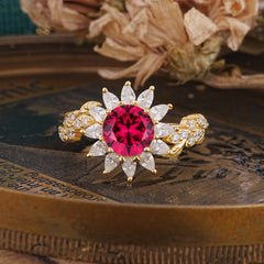 Nature-Inspired Sunflower 4-Prong Round Cut Ruby Engagement Ring