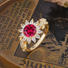 Nature-Inspired Sunflower 4-Prong Round Cut Ruby Engagement Ring