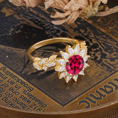 Nature-Inspired Sunflower 4-Prong Round Cut Ruby Engagement Ring