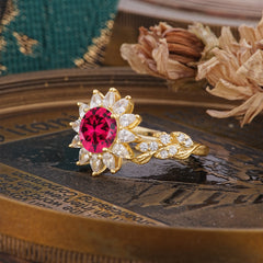 Nature-Inspired Sunflower 4-Prong Round Cut Ruby Engagement Ring