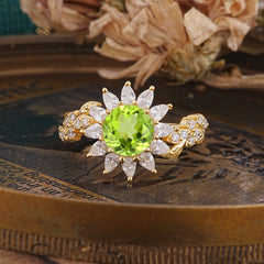 Nature-Inspired Sunflower 4-Prong Round Cut Peridot Engagement Ring