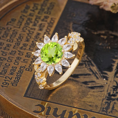 Nature-Inspired Sunflower 4-Prong Round Cut Peridot Engagement Ring