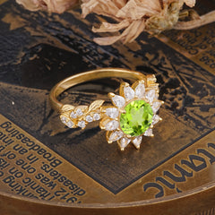 Nature-Inspired Sunflower 4-Prong Round Cut Peridot Engagement Ring