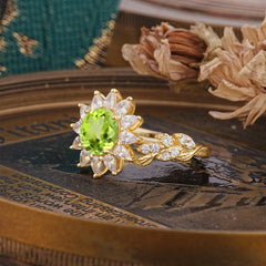 Nature-Inspired Sunflower 4-Prong Round Cut Peridot Engagement Ring