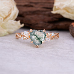 Vintage 5-Prong Heart-Cut Natural Moss Agate Engagement Ring
