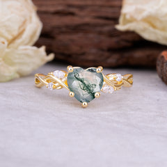 Vintage 5-Prong Heart-Cut Natural Moss Agate Engagement Ring