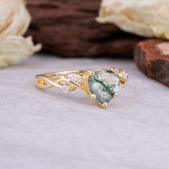 Vintage 5-Prong Heart-Cut Natural Moss Agate Engagement Ring
