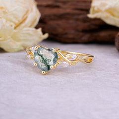 Vintage 5-Prong Heart-Cut Natural Moss Agate Engagement Ring